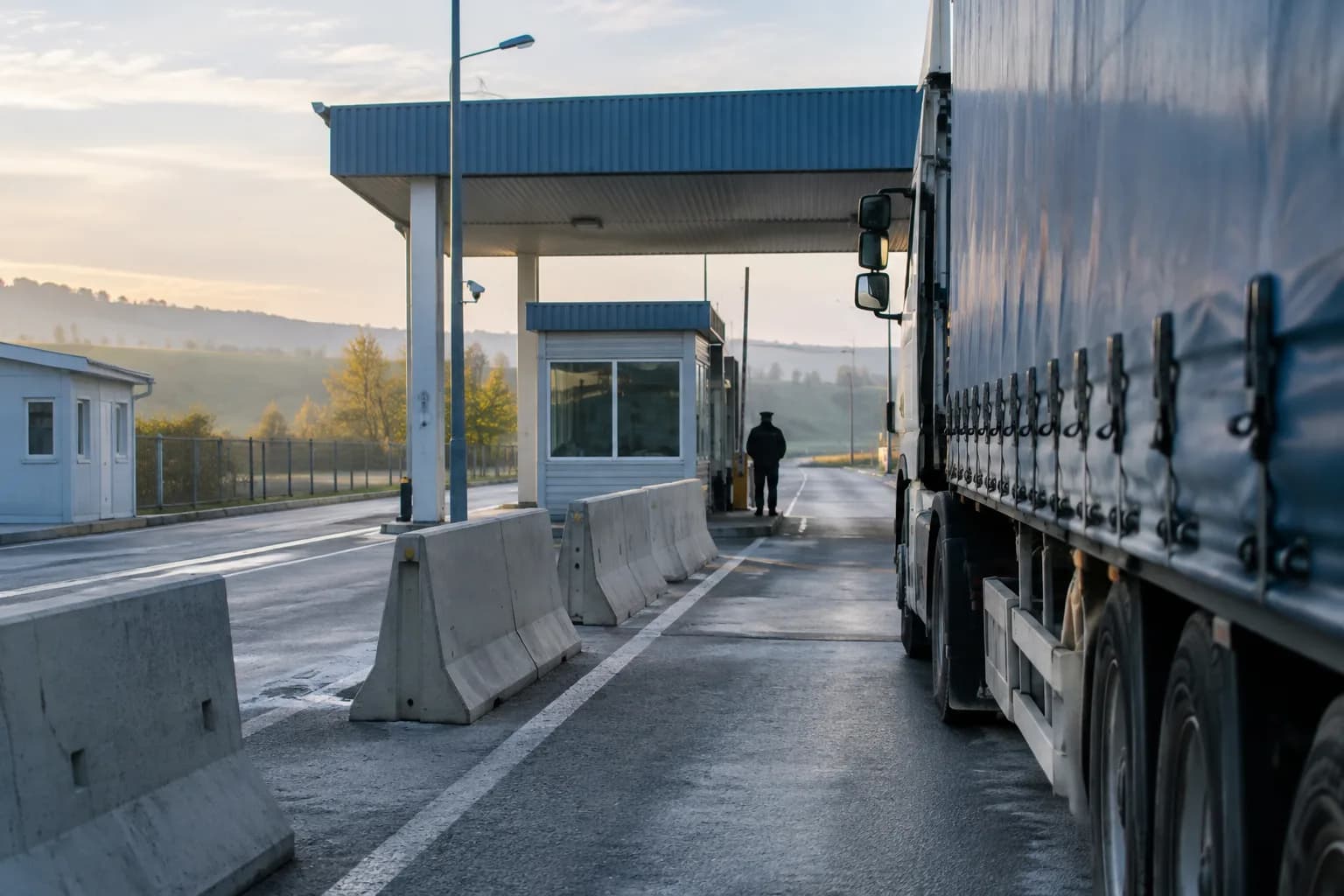 Un camion staționează lângă o zonă de control vamal, la un punct de trecere rutier.