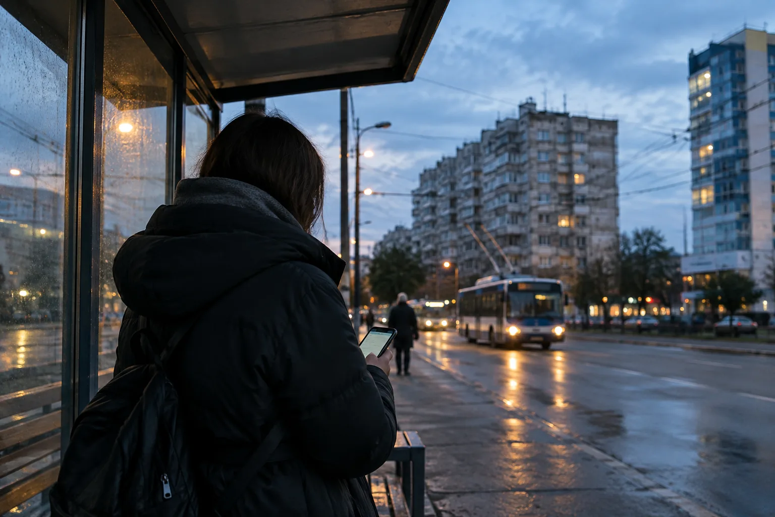Пассажир проверяет телефон на троллейбусной остановке в Кишинёве в сумерках.
