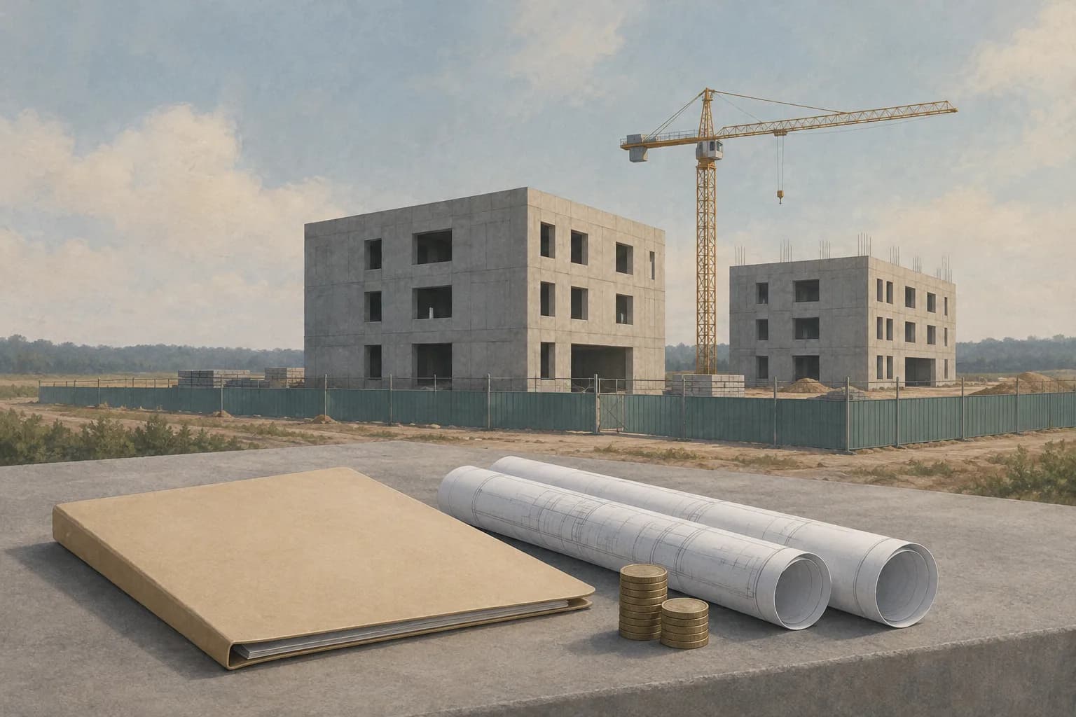 Conceptual illustration of two utility buildings under construction, architectural plans, and a blank folder, representing a military infrastructure contract.