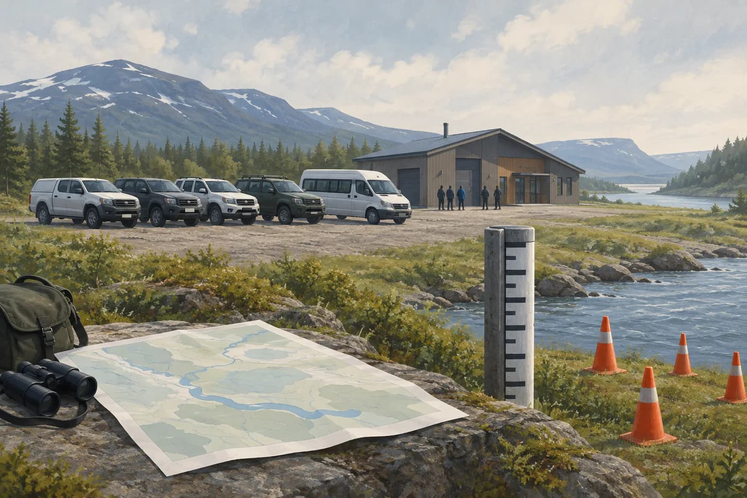Conceptual illustration of five unmarked utility vehicles and a minibus beside a training center, with a blank map, river-level gauge, and training cones.