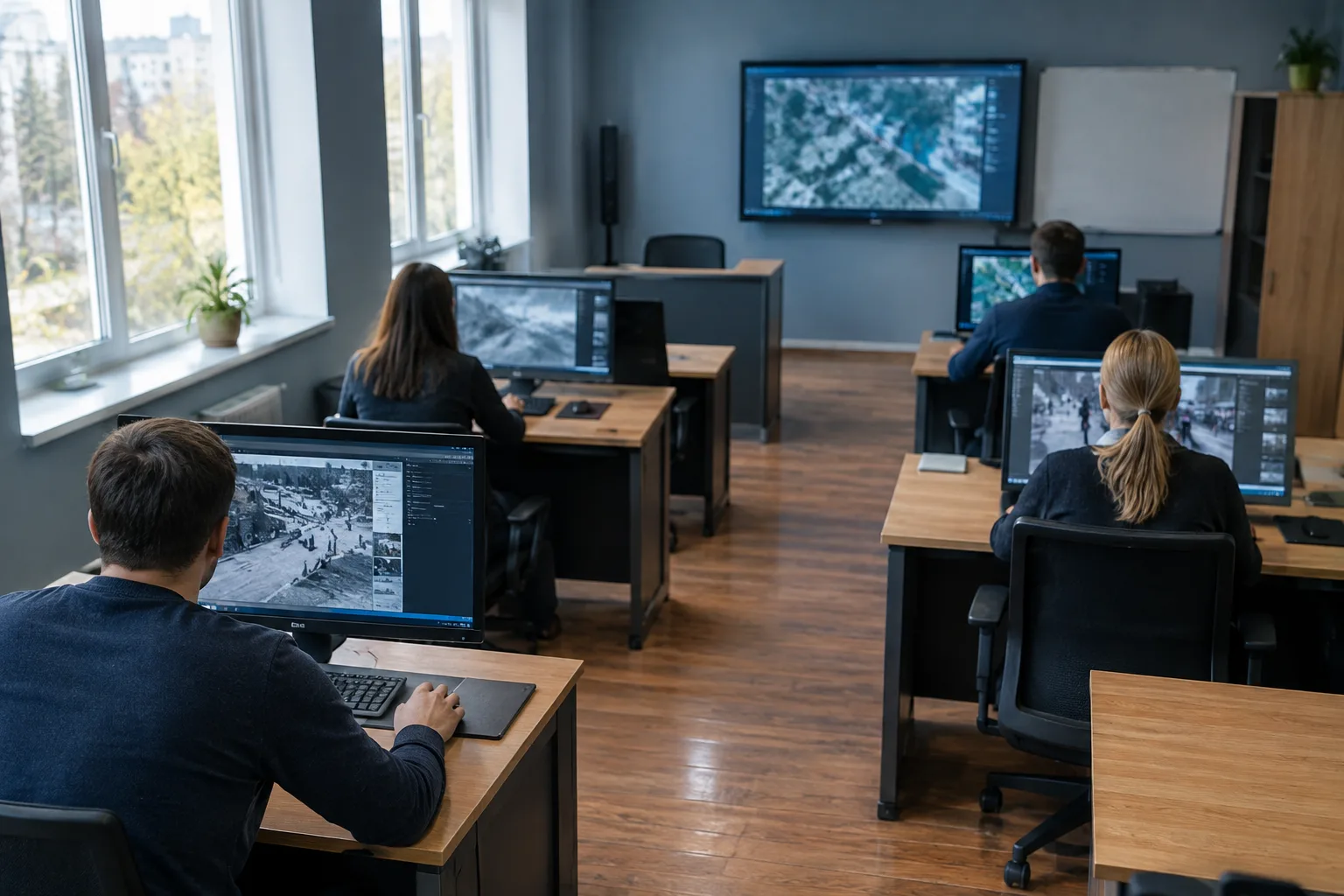 Cursanți văzuți din spate lucrează la calculatoare într-un laborator de instruire digitală.