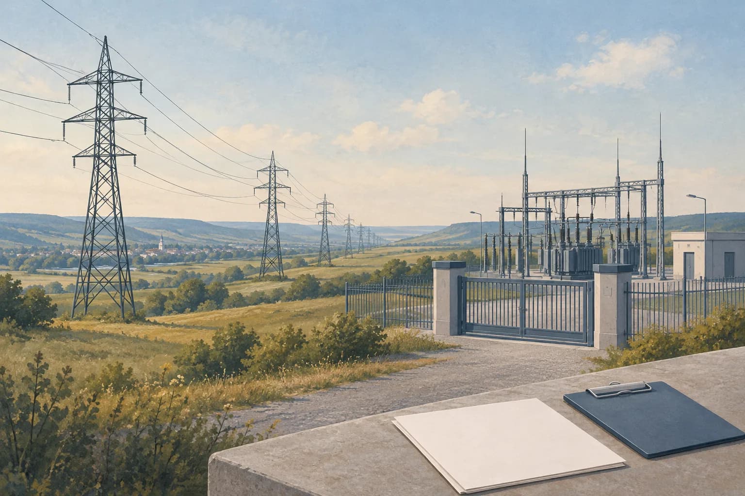 A power line crosses the landscape toward a substation, while a blank form suggests the construction acceptance stage.