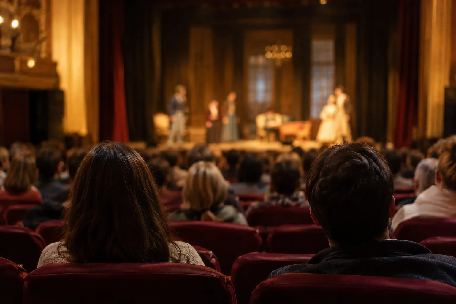 Spectatori văzuți din spate urmăresc un spectacol într-o sală de teatru luminată cald.