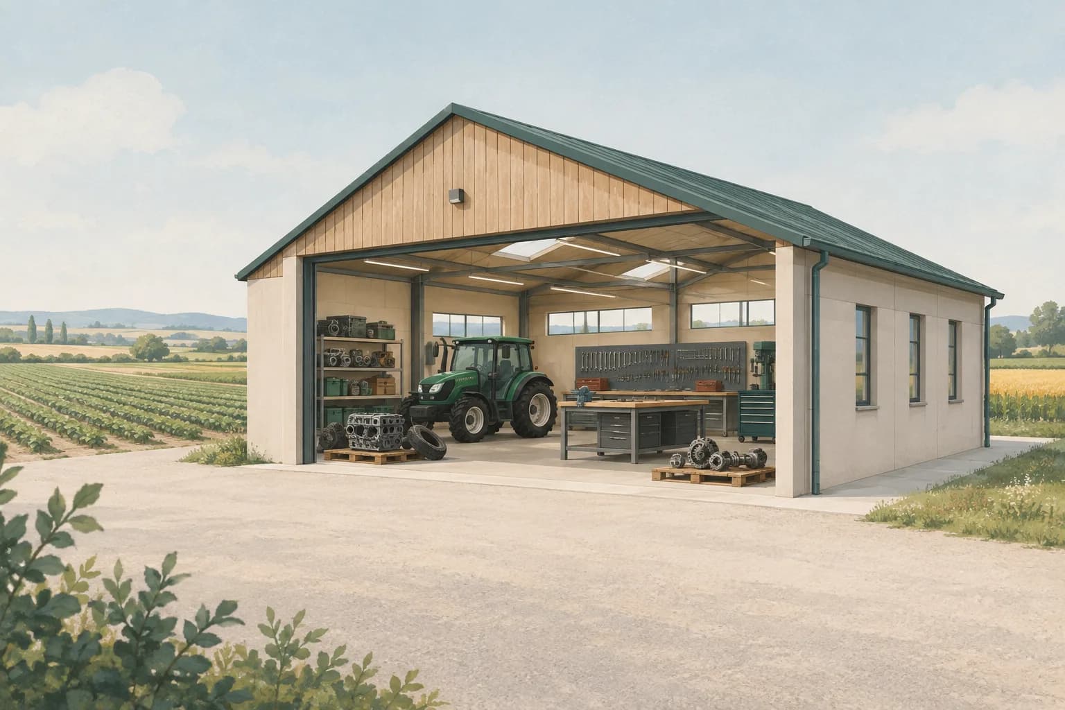 A symbolic illustration of a new agricultural workshop equipped with machinery, mechanical parts and tools beside cultivated fields.