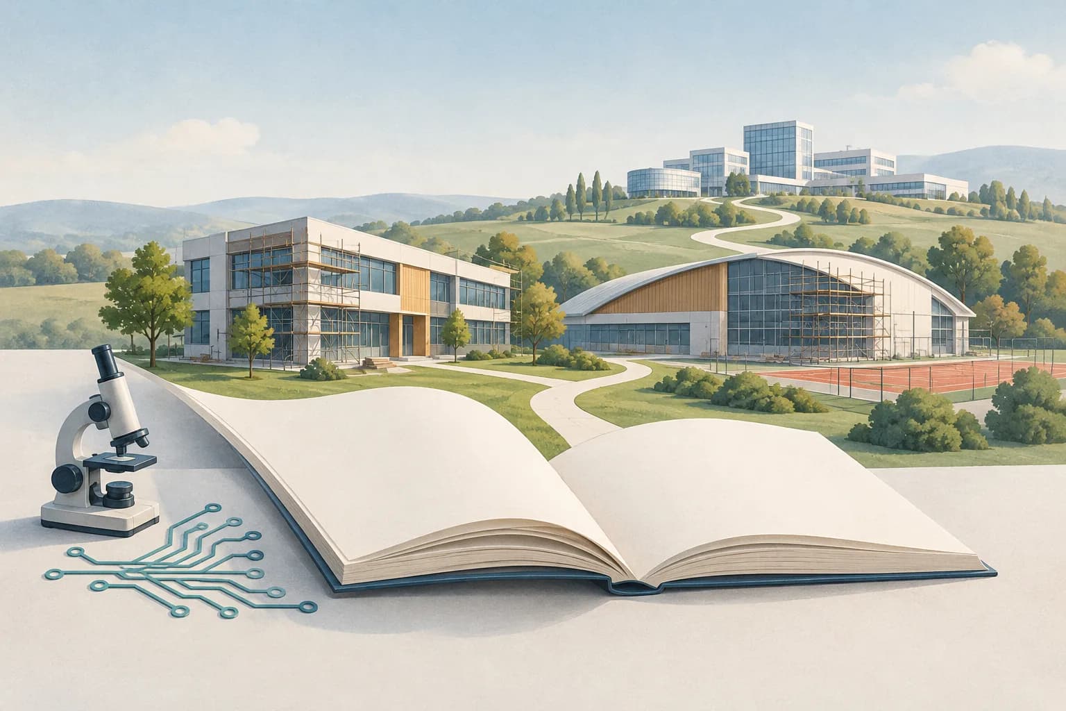 O carte deschisă, fără text, se transformă într-o școală și o sală sportivă aflată în renovare, lângă un microscop și un traseu spre un campus de cercetare.