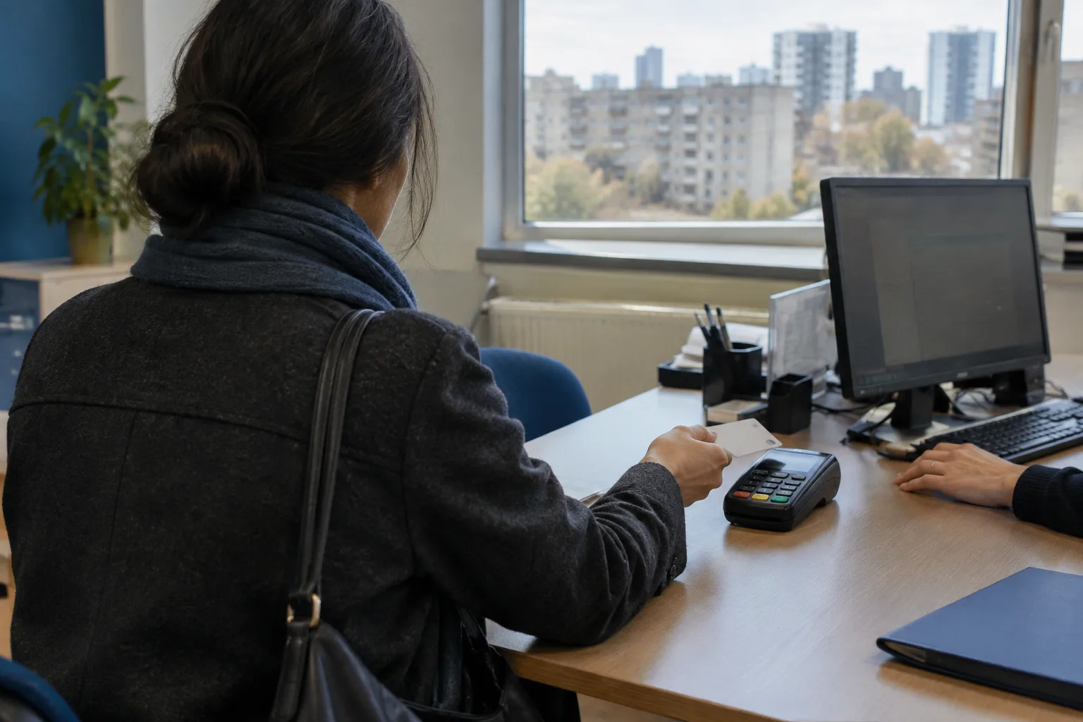 Un client văzut din spate apropie un card de un terminal de plată, la un birou de servicii financiare.