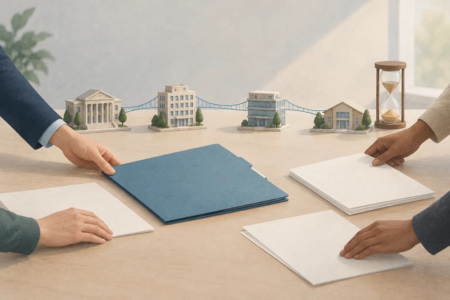 Symbolic illustration of a blank proposal folder and documents linking generic institutions to represent cooperation in coordinating a programme.