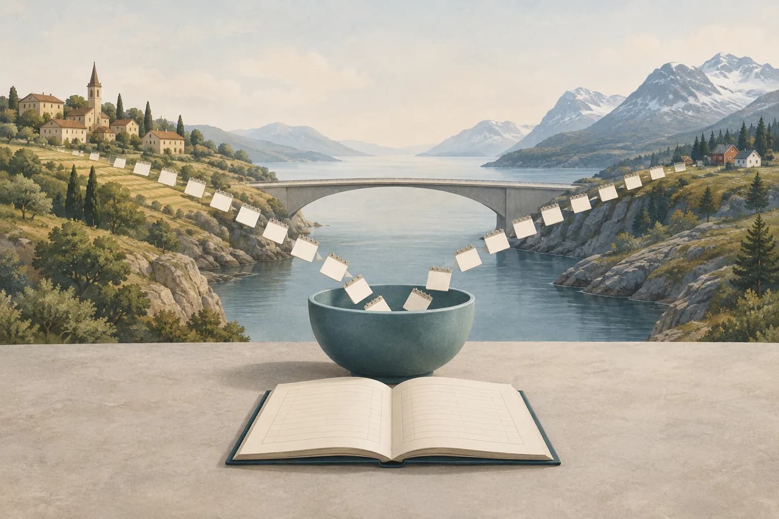 Two symbolic landscapes are linked by a bridge, with insurance periods converging at a pension bowl and an open ledger.