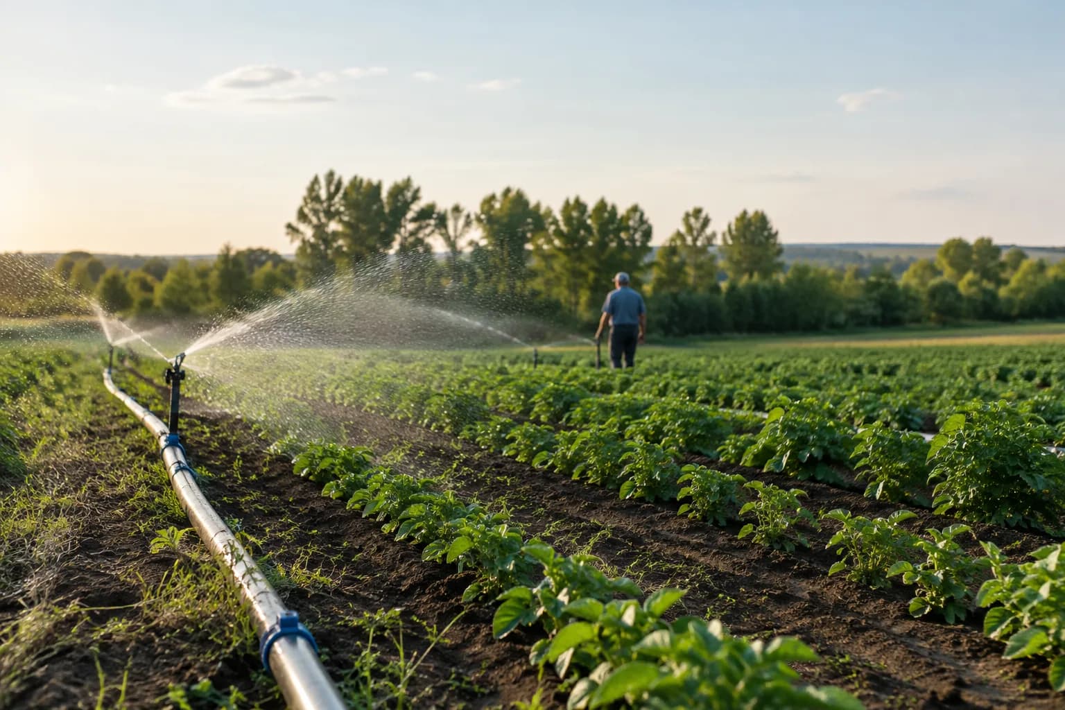 Un sistem de irigare udă rândurile unei culturi agricole, în timp ce un fermier privește de la distanță.