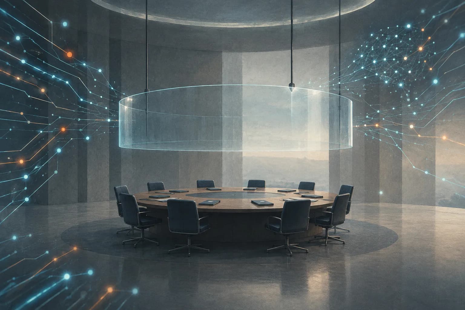O sală de securitate goală, cu dosare fără însemne sub un scut de sticlă, înconjurată de o rețea digitală cu noduri abstracte de inteligență artificială.