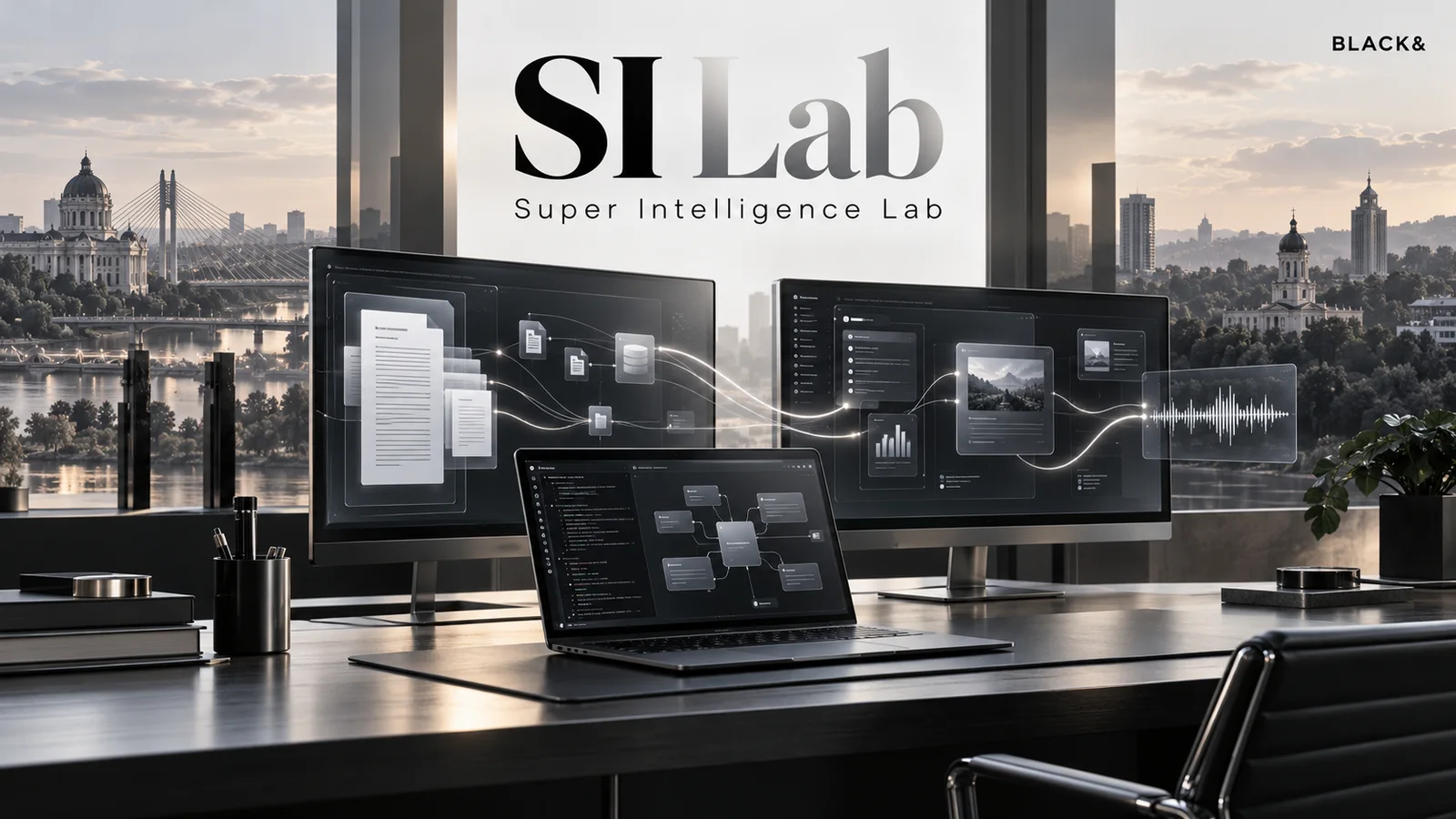 SI Lab — Super Intelligence Lab presentation image: a desk with monitors showing document, data and voice workflows, overlooking a city