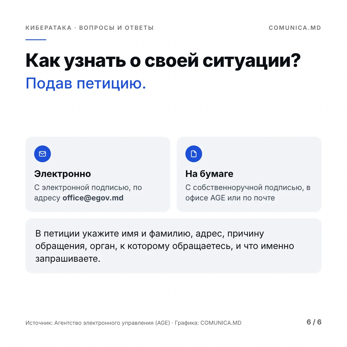 Как подать петицию в AGE: электронно на office@egov.md или на бумаге в офисе AGE либо по почте.